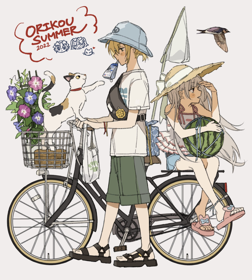 1boy, 1girl, alternate_costume, bag, bicycle, bicycle_basket, bird, blonde_hair
