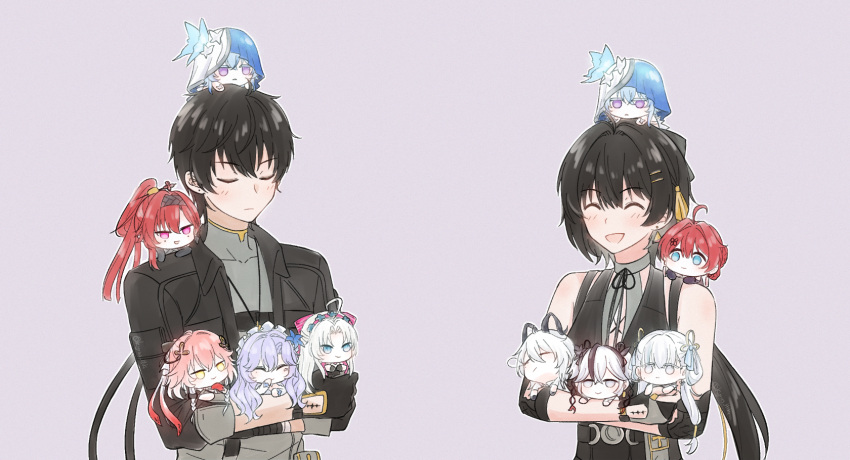 1boy, 6+girls, bare_shoulders, black_gloves, black_hair, black_jacket, breasts, camellya_(wuthering_waves), cantarella_(wuthering_waves), carlotta_(wuthering_waves), changli_(wuthering_waves), closed_eyes, closed_mouth, commentary, danjin_(wuthering_waves), dual_persona, elbow_pads, english_commentary, female_rover_(wuthering_waves), gloves, grey_shirt, highres, holding, holding_mini_person, jacket, jinhsi_(wuthering_waves), kyrus_hiki, long_hair, low_ponytail, male_rover_(wuthering_waves), medium_breasts, mini_person, mini_person_on_head, mini_person_on_shoulder, multiple_girls, open_mouth, ponytail, rover_(wuthering_waves), shirt, shorekeeper_(wuthering_waves), smile, tacet_mark_(wuthering_waves), wuthering_waves, yinlin_(wuthering_waves), zani_(wuthering_waves)
