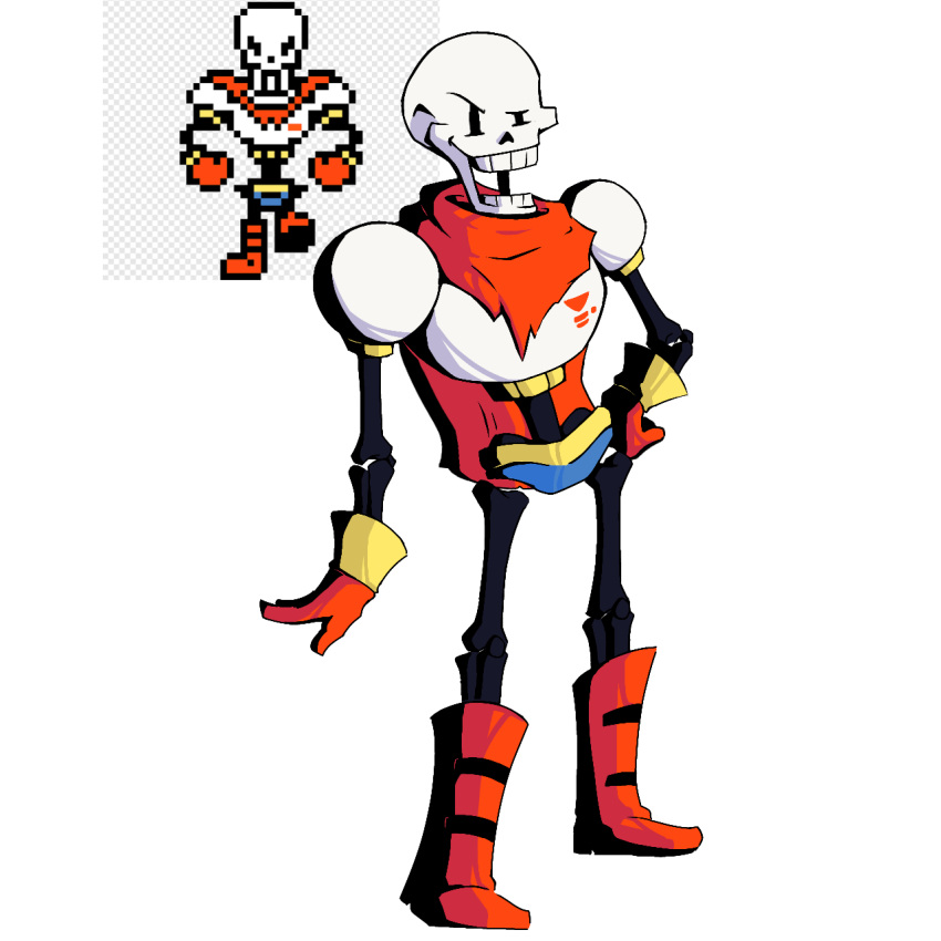1:1, 1boy, 2022, 2d, armor, blue_shorts, boots, cape, digital_media, full_body, gloves, hand_on_own_hip, humanoid, kutumen, male, male_focus, male_only, monster, monster_boy, papyrus_(undertale), pixel_art_inset, red_boots, red_cape, red_gloves, reference_inset, shorts, simple_background, skeleton, solo, standing, teeth, undead, undertale, utdr_(toby_fox), white_armor, white_background