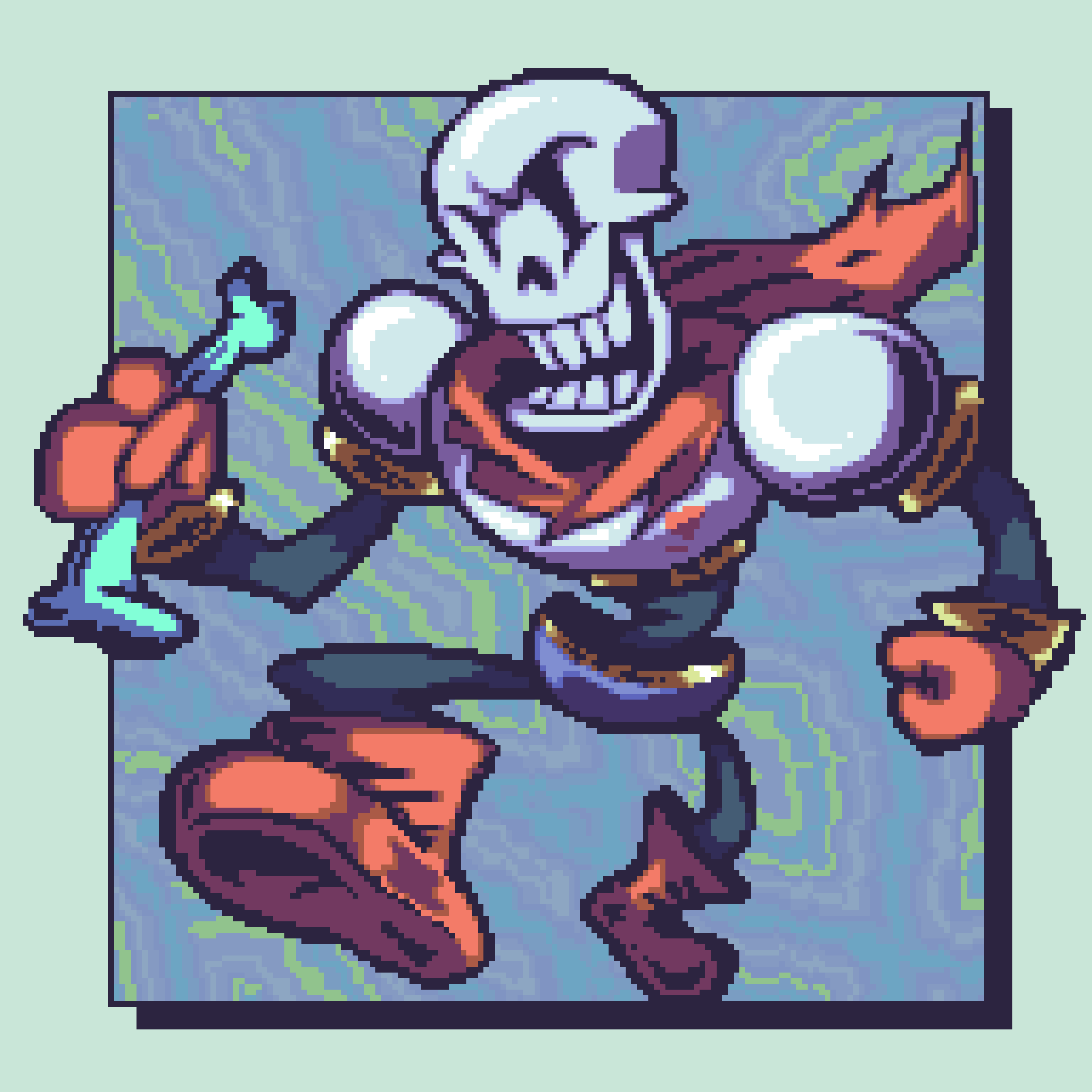 1:1, 1boy, 2023, 2d, armor, blue_background, blue_shorts, bone, boots, border, cape, clenched_hand, digital_media, full_body, gloves, green_background, green_border, highres, holding, holding_bone, humanoid, male, male_focus, male_only, monster, monster_boy, papyrus_(undertale), pixel_art, red_boots, red_cape, red_gloves, shorts, simple_background, skeleton, solo, teeth, undead, undertale, utdr_(toby_fox), veele, walking, white_armor