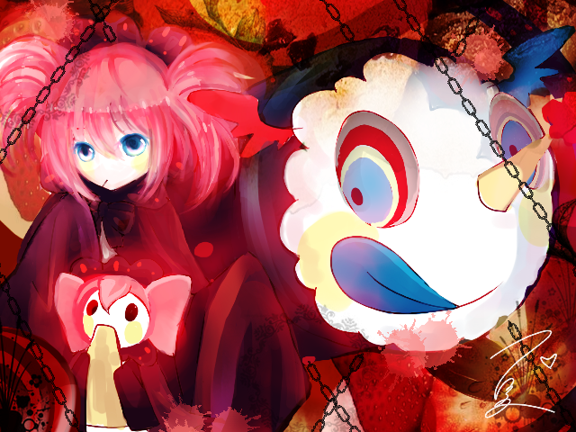 :q, cape, chain, chains, charlotte_(madoka_magica), dual_persona, mahou_shoujo_madoka_magica, multicolored_eyes