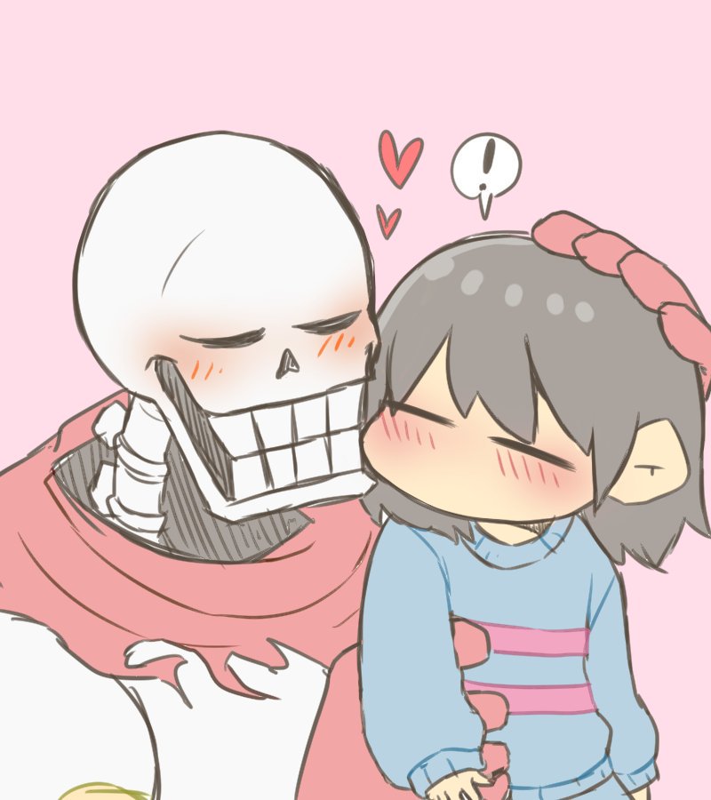 !, 1boy, 1other, 2018, 2d, =_=, ambiguous_gender, armor, blue_shirt, blue_shorts, blush, brown_hair, cape, carrying, carrying_person, child, digital_media, double_horizontal_stripe, duo, frisk_(undertale), gloves, hand_on_another's_head, heart, height_difference, horizontal-striped_clothes, human, humanoid, kamekame627101, kiss, male, monster, monster_boy, no_mouth, papyrus_(undertale), pink_background, pink_stripes, red_cape, red_gloves, shirt, short_hair, shorts, simple_background, skeleton, spoken_exclamation_mark, striped_clothes, striped_shirt, teeth, two-tone_shirt, undead, undertale, utdr_(toby_fox), white_armor
