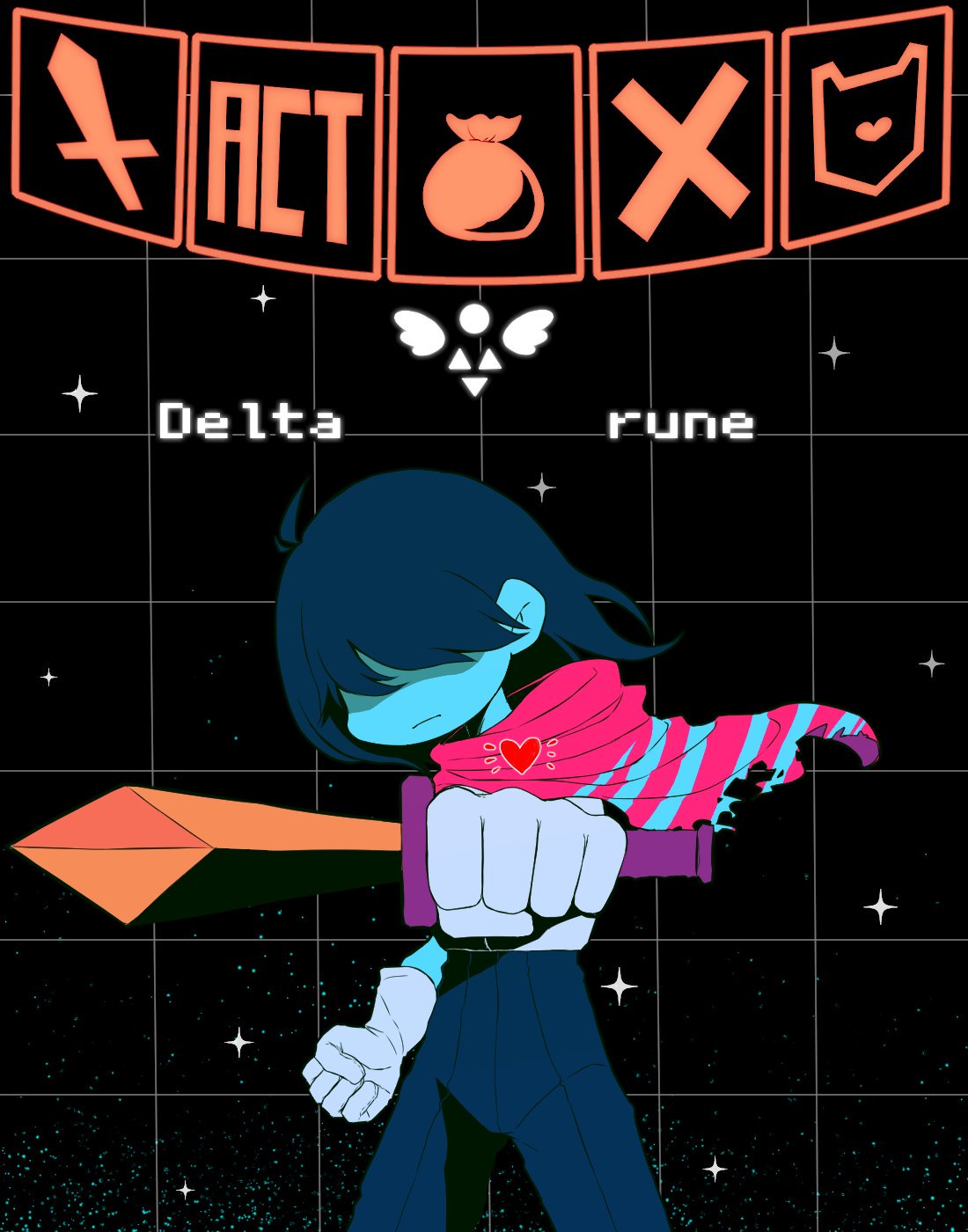 1other, 2018, 2d, ambiguous_gender, aqua_cape, armor, black_background, blue_hair, blue_skin, bodysuit, cape, clenched_hands, colored_skin, copyright_name, delta_rune_(symbol), digital_media, gameplay_mechanics, gauntlets, grid_background, hair_over_eyes, heart, holding, holding_sword, holding_weapon, human, human_only, kamekame627101, kris_(dark_world)_(deltarune), kris_(deltarune), other_focus, red_cape, short_hair, simple_background, solo, soul_(deltarune), sparkle, striped_cape, sword, two-tone_cape, undertale, utdr_(toby_fox), weapon