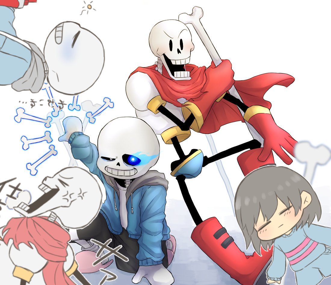 1other, 2018, 2boys, 2d, =_=, ambiguous_gender, arm_support, armor, black_shorts, blue_jacket, blue_shirt, blue_shorts, bone, boots, brothers, brown_hair, cape, child, digital_media, double_horizontal_stripe, drawstring, dynamic_pose, fighting_stance, flaming_eye, frisk_(undertale), gloves, glowing, glowing_eye, grey_hood, height_difference, holding, holding_bone, hollow_eyes, hood, hood_down, hooded_jacket, horizontal-striped_clothes, human, humanoid, jacket, kamekame627101, male, mittens, monster, monster_boy, multiple_boys, on_one_knee, open_clothes, open_jacket, open_mouth, papyrus_(undertale), pink_slippers, pink_stripes, red_boots, red_cape, red_gloves, sans_(undertale), shirt, short_hair, shorts, siblings, simple_background, single_vertical_stripe, skeleton, slippers, socks, striped_clothes, striped_shirt, striped_shorts, teeth, text, trio, two-tone_shirt, undead, undertale, uneven_eyes, utdr_(toby_fox), vertical-striped_clothes, vertical-striped_shorts, white_armor, white_background, white_mittens, white_shirt, white_socks, white_stripes