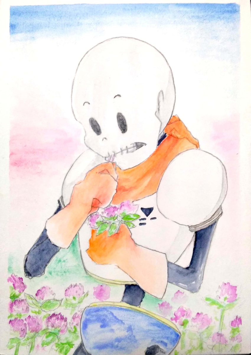 1boy, 2022, 2d, armor, blue_shorts, cape, flower, gloves, graphite_(medium), highres, holding, holding_flower, humanoid, lichum12, male, male_focus, male_only, monster, monster_boy, orange_cape, orange_gloves, painting_(medium), papyrus_(undertale), plant, purple_flower, shorts, skeleton, solo, teeth, traditional_media, undead, undertale, upper_body, utdr_(toby_fox), white_armor