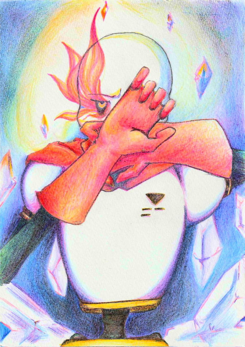 1boy, 2022, 2d, armor, cape, colored_pencil_(medium), covered_eye, flaming_eye, gloves, glowing, glowing_eye, graphite_(medium), hands_up, highres, humanoid, lichum12, male, male_focus, male_only, monster, monster_boy, orange_eyes, own_hands_together, papyrus_(undertale), red_cape, red_gloves, shorts, skeleton, solo, straight-on, traditional_media, undead, undertale, upper_body, utdr_(toby_fox), white_armor