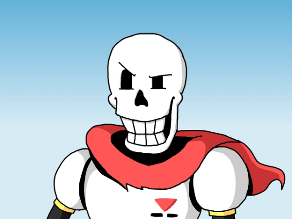 1boy, 2015, 2d, adobe_flash_(medium), armor, blue_background, cape, closed_mouth, commentary, digital_media, english_commentary, gradient_background, humanoid, male, male_focus, male_only, monster, monster_boy, nickrowler, papyrus_(undertale), portrait, red_cape, simple_background, skeleton, solo, teeth, two-tone_background, undead, undertale, utdr_(toby_fox), white_armor, white_background