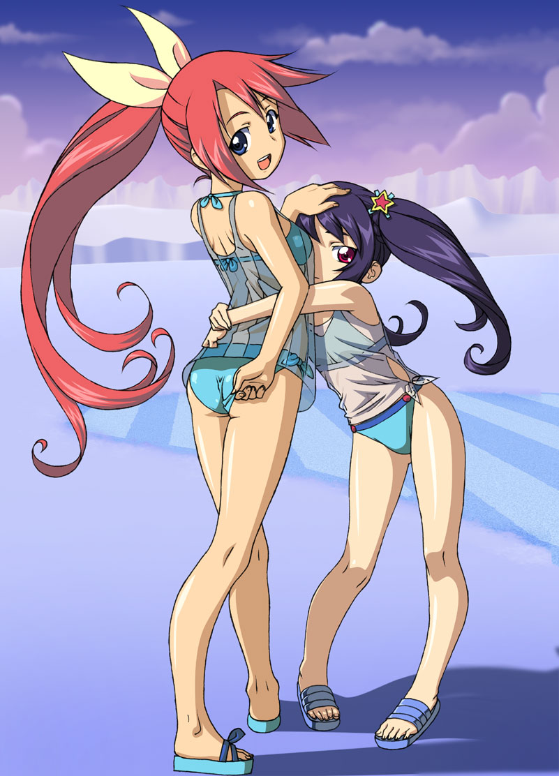 adjusting_swimsuit, ass, bikini, black_hair, blue_eyes, goldsickle, hair_ribbon, hana, hug, kooh, looking_back, multiple_girls, pangya, pink_hair, ponytail, red_eyes, ribbon, sandals, see-through, shadow, snow, swimsuit, tied_shirt, twintails