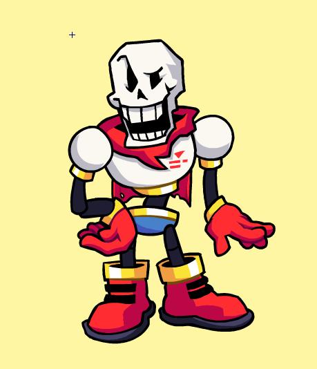 1boy, 2025, 2d, armor, blue_shorts, boots, cape, digital_media, eef_(artist), friday_night_funkin', friday_night_funkin'_(style), full_body, gloves, hand_on_own_hip, humanoid, male, male_focus, male_only, monster, monster_boy, papyrus_(undertale), parody, red_boots, red_cape, red_gloves, shorts, simple_background, skeleton, solo, standing, style_parody, teeth, undead, undertale, utdr_(toby_fox), white_armor, yellow_background