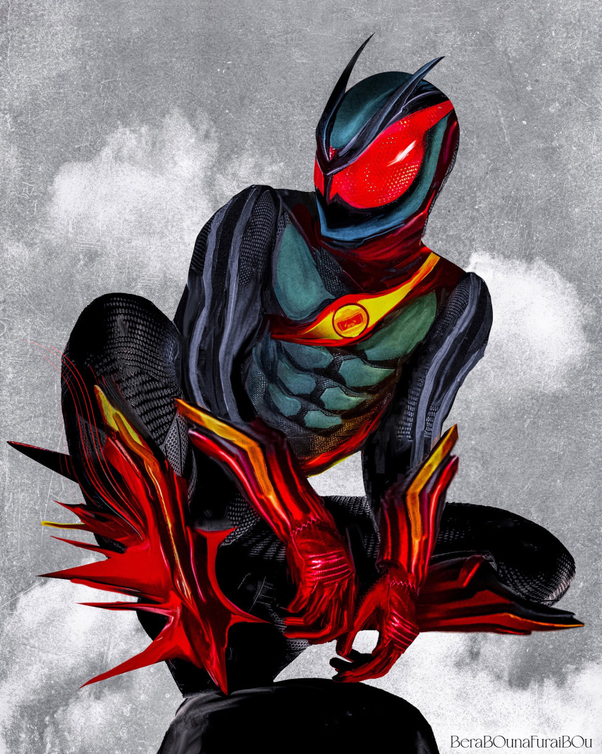 1boy, armor, artist_name, black_bodysuit, bodysuit, compound_eyes, full_body, gauntlets