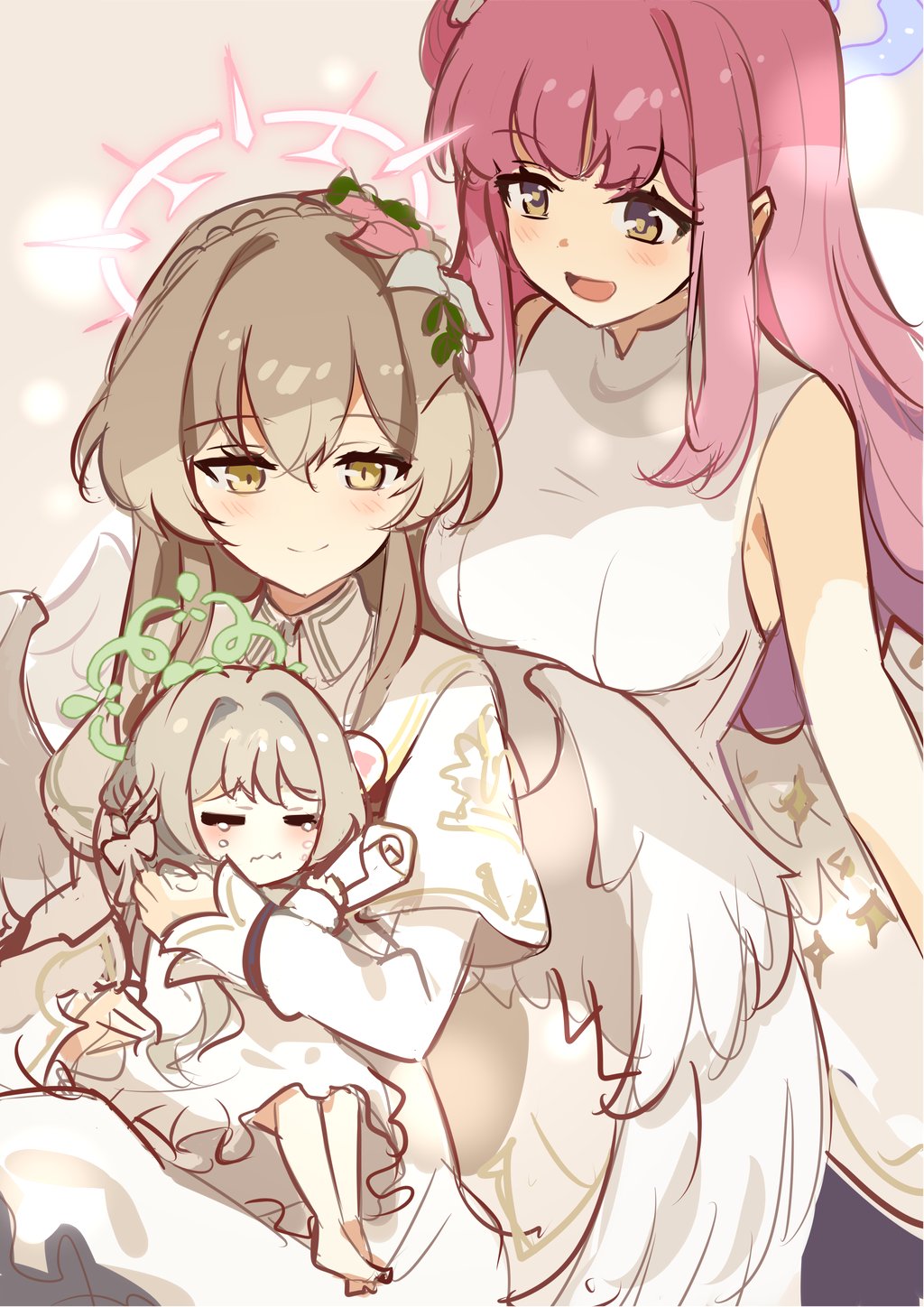3girls, :d, angel_wings, baby, blonde_hair, blue_archive, blush, braid