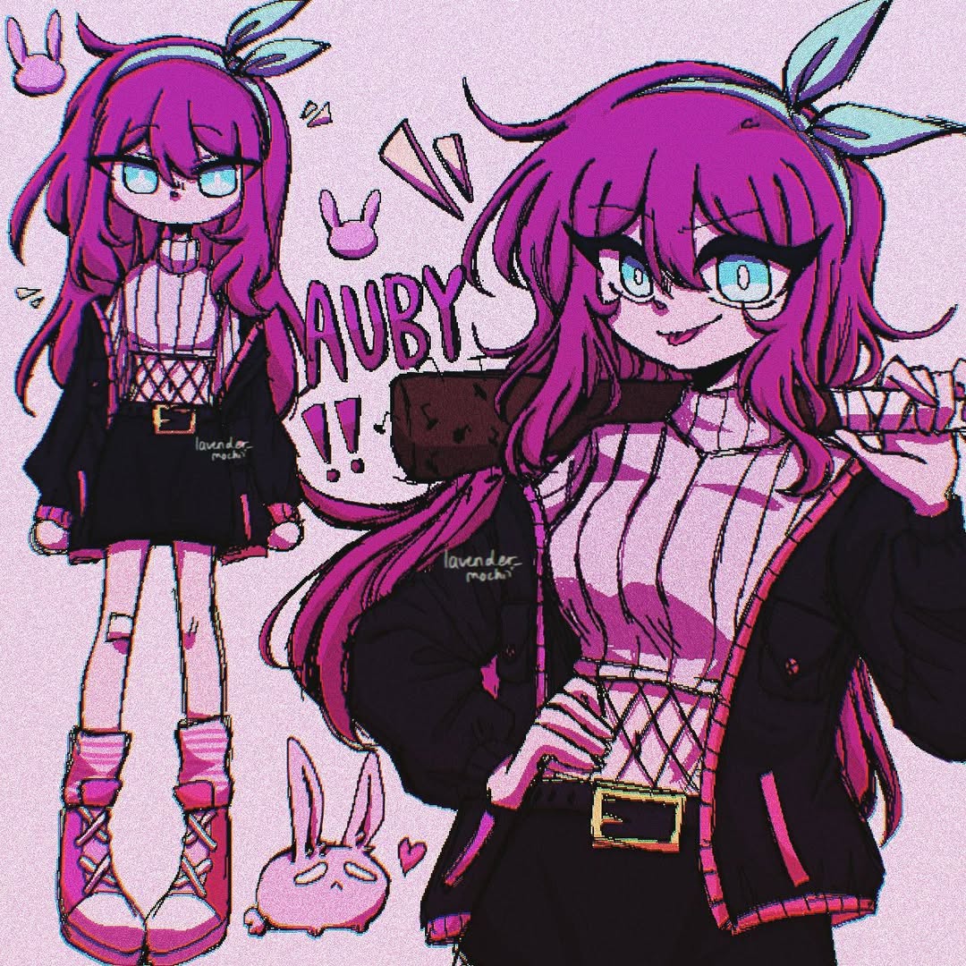 1girl, alternate_costume, animal, ankle_boots, aubrey_(faraway)_(omori), aubrey_(omori), baseball_bat, belt, black_belt, black_jacket, black_skirt, blue_eyes, blue_hairband, boots, bow_hairband, breasts, bright_pupils, bun-bun_(omori), character_name, chromatic_aberration, closed_mouth, commentary, cowboy_shot, crop_top, cropped_sweater, double-parted_bangs, english_commentary, film_grain, fishnet_top, fishnets, full_body, grey_background, hair_between_eyes, hairband, hand_on_own_hip, hand_up, holding, holding_baseball_bat, instagram_logo, jacket, jacket_partially_removed, lace-up_boots, long_hair, looking_at_viewer, medium_breasts, miniskirt, mochiilavender, multiple_views, nail_(hardware), nail_bat, navel, notice_lines, omori, open_clothes, open_jacket, pigeon-toed, pink_boots, pink_hair, pink_socks, rabbit, ribbed_sweater, sidelocks, simple_background, skirt, smile, socks, standing, star_(symbol), striped_clothes, striped_socks, sweater, tongue, tongue_out, turtleneck, turtleneck_sweater, v-shaped_eyebrows, very_long_hair, white_pupils, white_rabbit_(animal), white_sweater