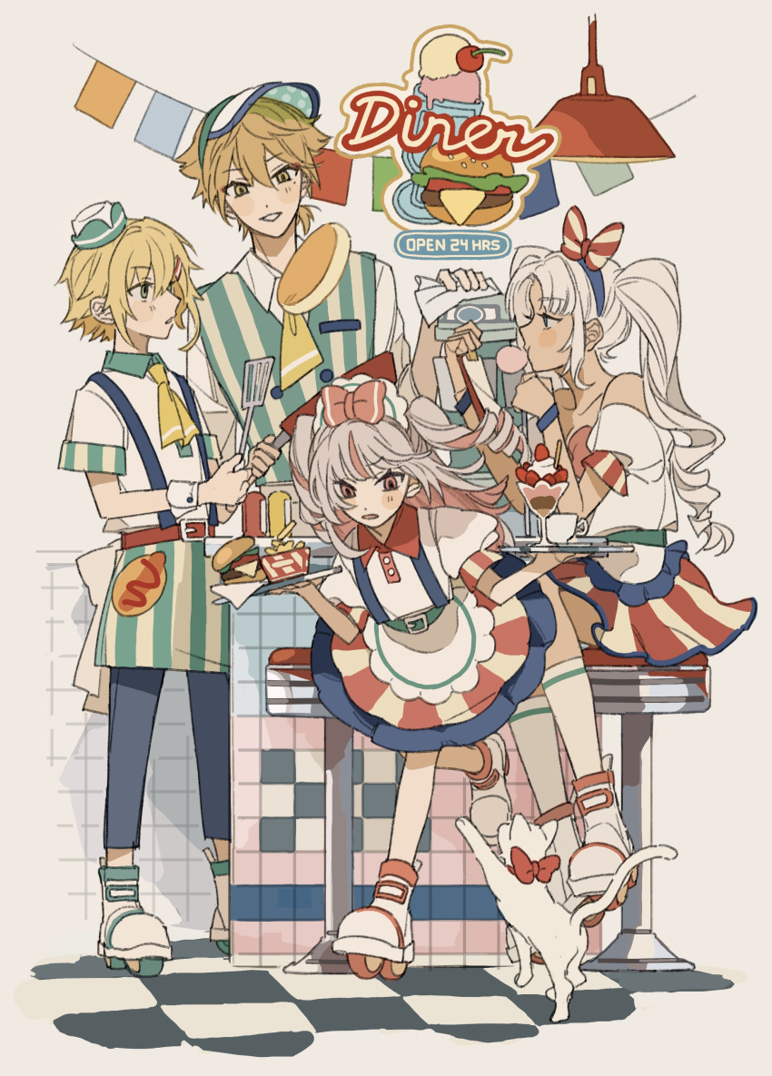 2boys, 2girls, absurdres, alternate_costume, apron, blonde_hair, bow_hairband, brown_hair