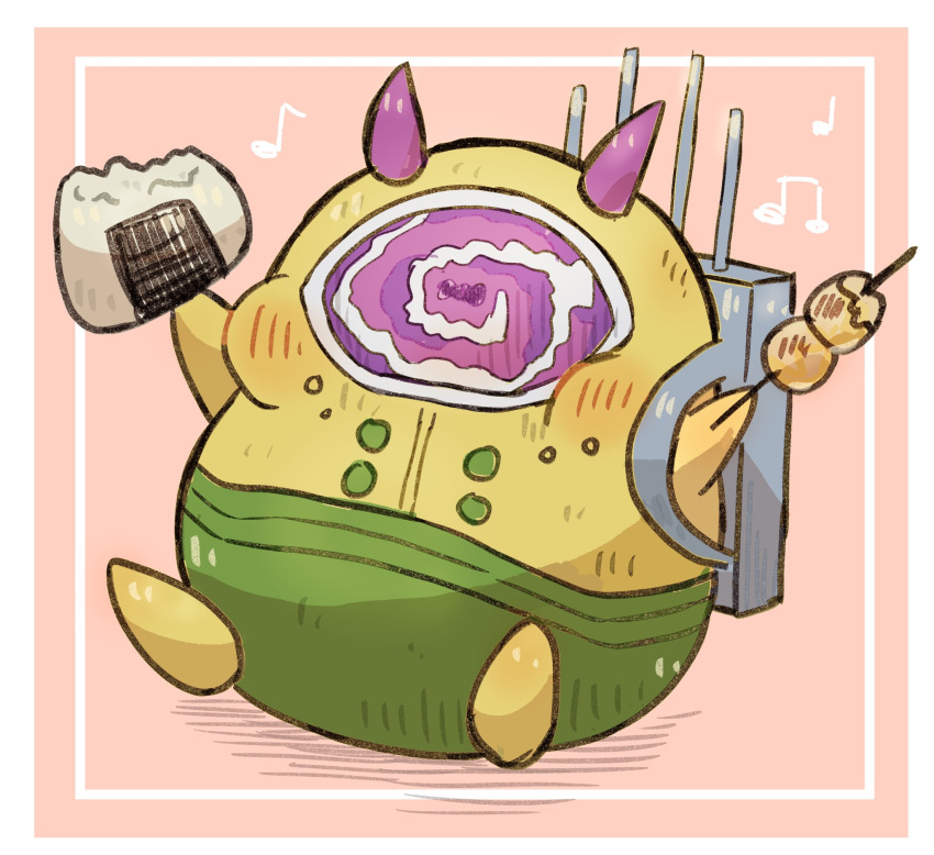 backpack, bag, darumarr, eating, food, food_in_mouth, highres, holding, holding_food, horns, monster, musical_note, no_humans, one-eyed, onigiri, school_invader_(hundred_line), simple_background, slasher_route_(hundred_line), ss_100010, the_hundred_line_-last_defense_academy-