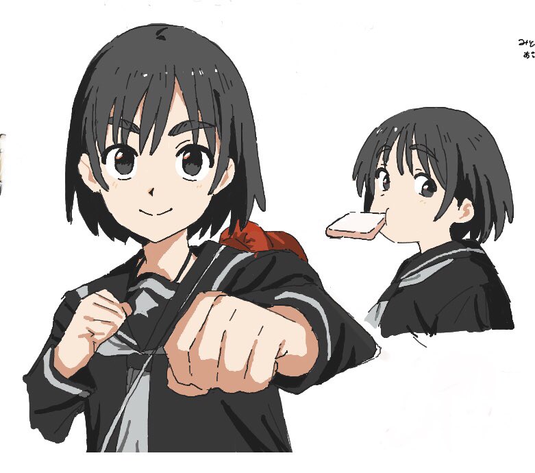 1girl, black_eyes, black_hair, black_serafuku, black_shirt, bob_cut, dated, famichiki_100, food, long_sleeves, looking_at_viewer, mouth_hold, multiple_girls, ootsu_mari, sailor_collar, sayonara_lara, school_uniform, serafuku, shirt, short_hair, smile, white_background