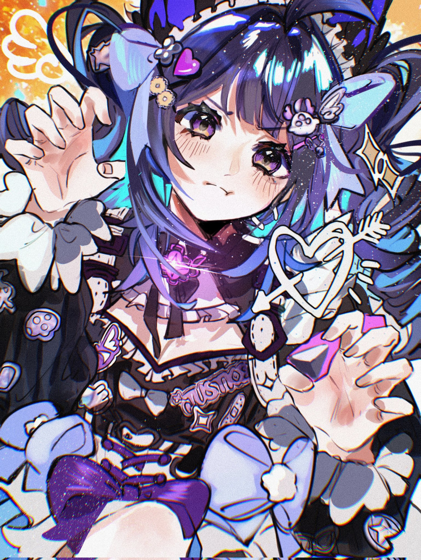 >:(, 1girl, :t, ahoge, blush, claw_pose, decora, enna_alouette