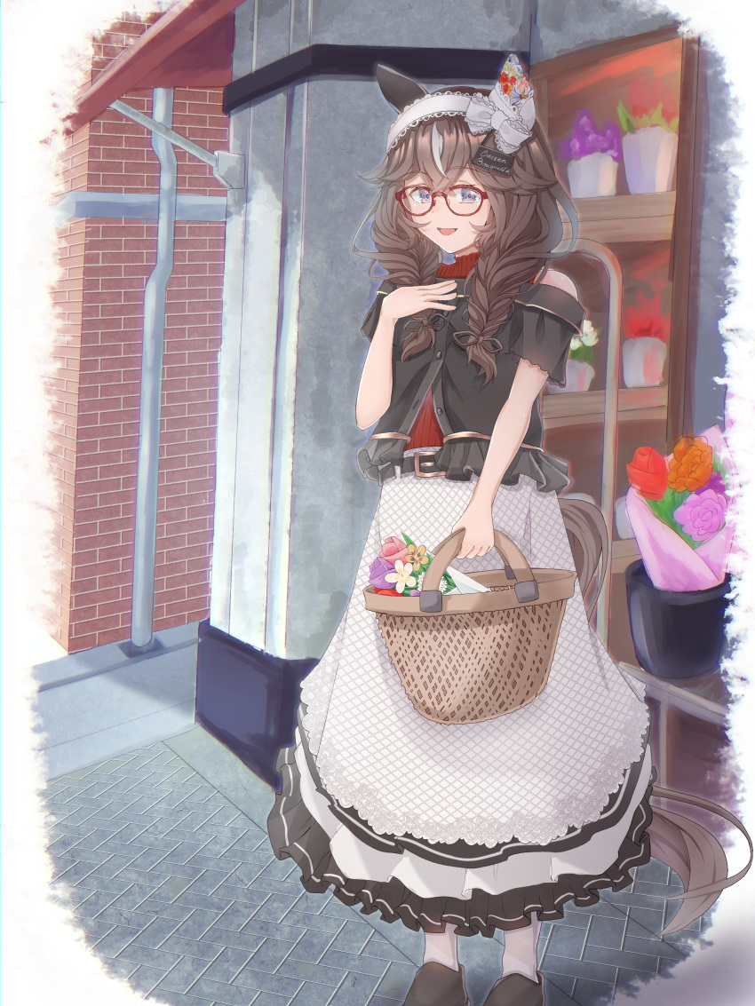1girl, :d, absurdres, alternate_costume, animal_ears, basket, bespectacled, black_shirt