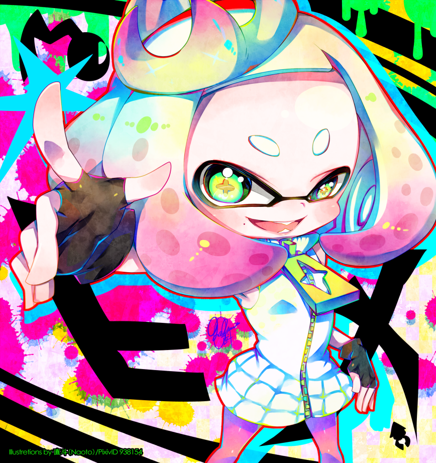 1girl, :d, buck_teeth, colored_tips, crown, dress, fingerless_gloves, forehead
