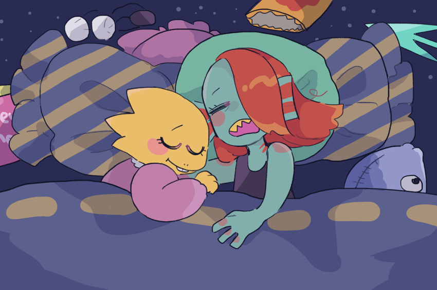 2019, 2d, 2girls, alphys, anthro, black_eyepatch, black_tank_top, blue_background