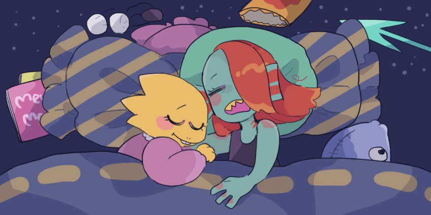 2019, 2d, 2girls, alphys, anthro, black_eyepatch, black_tank_top, blue_background