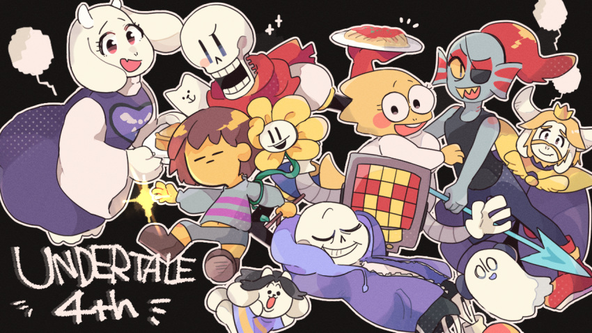 2019, 2d, 2others, 3girls, 4boys, alphys, ambiguous_gender, animal, animal_ears, ankle_boots, anniversary, anthro, armor, asgore_dreemurr, beard, black_background, black_eyepatch, black_shorts, blonde_hair, blue_jacket, blue_shirt, blue_shorts, blue_skin, boots, brothers, brown_boots, brown_hair, buck_teeth, cape, child, colored_sclera, colored_skin, copyright_name, cousins, digital_media, dinosaur, dinosaur_girl, droopy_ears, ear_fins, everyone, eyepatch, facial_hair, female, fins, fish, fish_girl, floppy_ears, flower, flowey_(undertale), food, frisk_(undertale), furry, furry_female, furry_male, futakun_(tahuta112), ghost, glasses, gloves, goat, goat_boy, goat_ears, goat_girl, goat_horns, grey_hood, head_fins, height_difference, high_ponytail, holding, holding_plate, holding_weapon, hood, hood_down, hooded_jacket, horizontal-striped_clothes, horns, human, humanoid, jacket, lizard, lizard_girl, lizard_tail, long_hair, male, mammal, mettaton, mettaton_(box), monster, monster_boy, monster_girl, multiple_boys, multiple_girls, multiple_others, napstablook, non-humanoid_robot, open_clothes, open_jacket, outline, papyrus_(undertale), pink_slippers, pink_stripes, plant, plate, polearm, ponytail, red_boots, red_cape, red_gloves, red_hair, reptile, reptile_girl, reptile_tail, robot, sans_(undertale), scalie, sharp_teeth, shirt, short_hair, shorts, siblings, simple_background, skeleton, slippers, slit_pupils, spaghetti, spear, striped_clothes, striped_shirt, striped_shorts, tail, teeth, temmie, text, toriel, two-tone_shirt, undead, undertale, undyne, utdr_(toby_fox), vertical-striped_clothes, vertical-striped_shorts, weapon, white_armor, white_fur, white_gloves, white_horns, white_outline, white_shirt, white_stripes, yellow_flower, yellow_sclera, yellow_skin, yellow_teeth