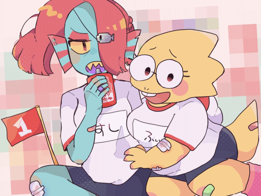 2019, 2d, 2girls, alphys, alternate_costume, anthro, bandaid, bandaid_on_arm, bandaid_on_tail, black_eyepatch, blue_shorts, blue_skin, buck_teeth, colored_sclera, colored_skin, digital_media, dinosaur, dinosaur_girl, drink, duo, ear_fins, eyepatch, female, female_only, fins, fish, fish_girl, flag, futakun_(tahuta112), glasses, gym_shirt, gym_uniform, hair_over_one_eye, head_fins, height_difference, high_ponytail, holding, holding_drink, lizard, lizard_girl, lizard_tail, long_hair, monster, monster_girl, multiple_girls, ponytail, red_hair, reptile, reptile_girl, reptile_tail, scalie, sharp_teeth, shirt, shorts, simple_background, sitting, slit_pupils, tail, teeth, undertale, undyne, utdr_(toby_fox), white_background, white_shirt, yellow_sclera, yellow_skin, yellow_teeth