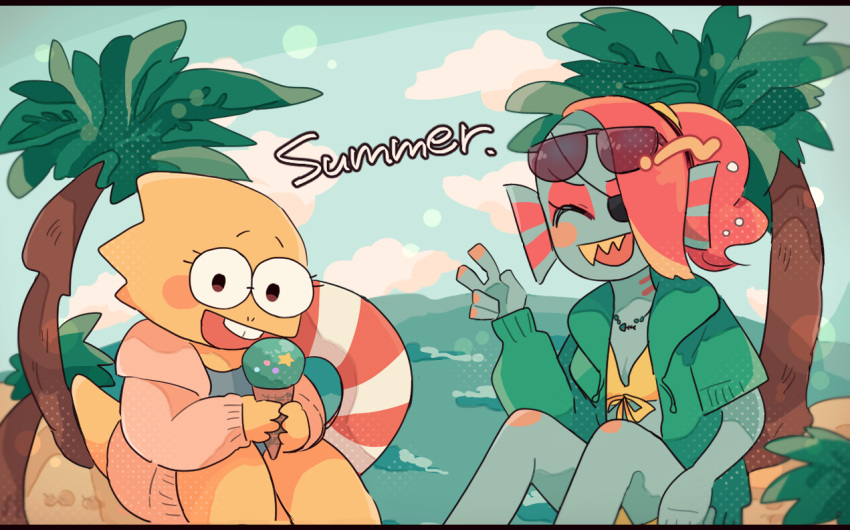 2019, 2d, 2girls, alphys, alternate_costume, anthro, bikini, black_eyepatch