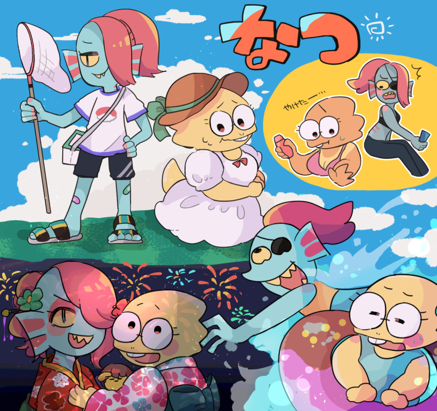 1other, 2019, 2d, 2girls, ^^^, aerial_fireworks, alphys, alternate_costume