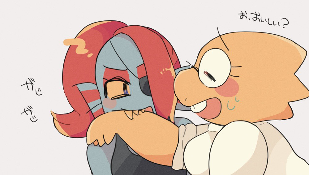 2019, 2d, 2girls, alphys, anthro, biting, black_eyepatch, black_tank_top