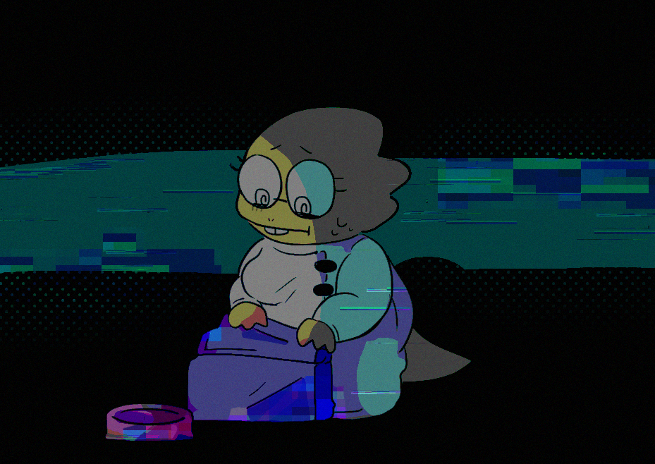 1girl, 2019, 2d, alphys, anthro, black_background, buck_teeth, coat, colored_skin, dark_background, digital_media, dinosaur, dinosaur_girl, female, female_only, food_bowl, futakun_(tahuta112), glasses, glitch, lab_coat, lizard, lizard_girl, lizard_tail, monster, monster_girl, reptile, reptile_girl, reptile_tail, scalie, simple_background, solo, tail, teeth, undertale, utdr_(toby_fox), white_coat, yellow_skin