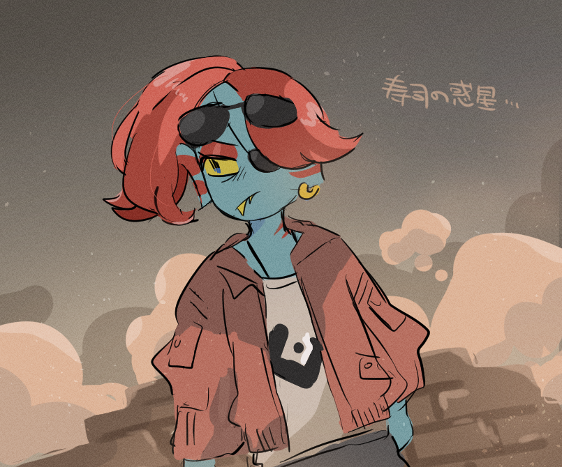 1girl, 2019, 2d, alternate_costume, anthro, black_eyepatch, blue_skin, brown_background, brown_jacket, colored_sclera, colored_skin, digital_media, ear_fins, eyepatch, eyewear_on_head, female, female_only, fins, fish, fish_girl, futakun_(tahuta112), gradient_background, grey_background, grey_pants, head_fins, high_ponytail, jacket, long_hair, monster, monster_girl, pants, ponytail, red_hair, sharp_teeth, shirt, simple_background, single_earring, slit_pupils, sunglasses, teeth, two_tone_background, undertale, undyne, upper_body, utdr_(toby_fox), white_shirt, yellow_sclera, yellow_teeth