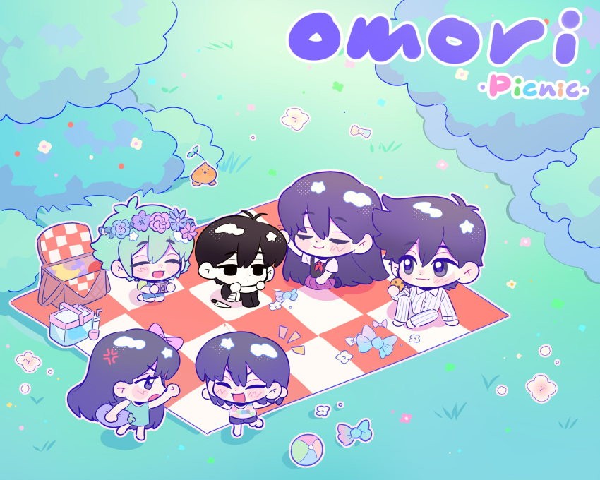 20025950_(lofter), 2girls, 4boys, :3, :d, ^_^, absurdly_long_hair, anger_vein, antenna_hair, apple, aqua_dress, arm_support, aubrey_(headspace)_(omori), aubrey_(omori), banana, bare_legs, barefoot, basil_(headspace)_(omori), basil_(omori), black_eyes, black_hair, black_shirt, black_shoes, black_sweater_vest, black_thighhighs, blue_flower, blue_overalls, blue_rose, blush, bow, brother_and_sister, brothers, bush, buttons, camera, candy, checkered_clothes, checkered_shirt, chibi, chibi_only, chocolate_chip_cookie, closed_eyes, closed_mouth, collared_shirt, colored_skin, commentary, cookie, cooler, copyright_name, crossed_arms, cup, dot_mouth, dot_nose, double-parted_bangs, dress, drinking_straw, empty_eyes, flower, flower_wreath, food, fruit, full_body, grapes, grass, green_hair, green_shirt, grey_eyes, hair_behind_ear, hair_between_eyes, hair_bow, halftone, hand_on_another's_head, head_wreath, hero_(headspace)_(omori), hero_(omori), highres, holding, holding_camera, holding_cookie, holding_food, holding_stuffed_toy, kel_(headspace)_(omori), kel_(omori), knee_up, kneeling, knees_up, knife, leaf, long_hair, long_sleeves, looking_at_another, mari_(headspace)_(omori), mari_(omori), mr._plantegg_(omori), multiple_boys, multiple_girls, neckerchief, no_pupils, notice_lines, omori, omori_(omori), open_mouth, outdoors, outline, overall_shorts, overalls, pants, picnic_basket, picnic_blanket, pink_bow, pink_flower, pink_rose, pink_skirt, pinstripe_pants, pinstripe_pattern, pinstripe_shirt, pinstripe_shorts, purple_flower, purple_hair, purple_shorts, red_neckerchief, rose, shirt, shoes, short_dress, short_hair, short_sleeves, shorts, siblings, simple_background, sitting, skirt, sleeveless, sleeveless_dress, sleeveless_shirt, smile, sprout_mole, standing, standing_on_one_leg, stuffed_eggplant, stuffed_toy, sweater_vest, symbol-only_commentary, thigh-highs, u_u, v-shaped_eyebrows, very_long_hair, very_short_hair, white_flower, white_outline, white_pants, white_shirt, white_shorts, white_skin, wrapped_candy