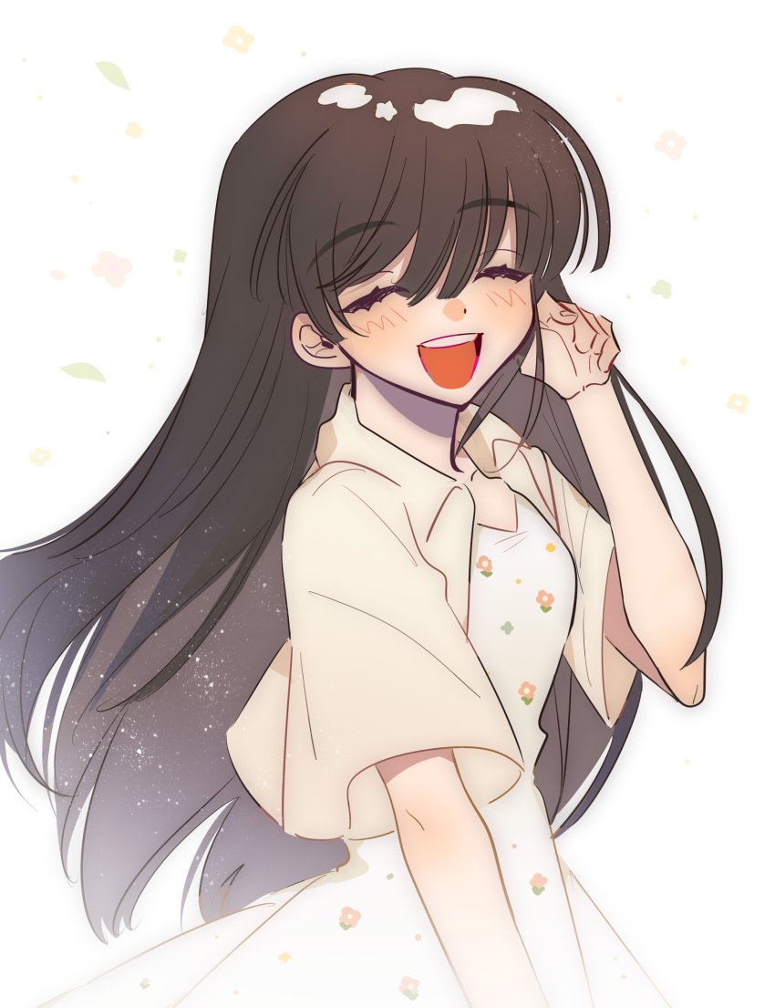 1girl, 20025950_(lofter), :d, ^_^, absurdres, black_hair, bloom, blush, breasts, closed_eyes, commentary, dress, facing_viewer, fingernails, floral_print, floral_print_dress, hair_between_eyes, hand_up, highres, jacket, light_particles, long_hair, mari_(faraway)_(omori), mari_(omori), omori, open_clothes, open_jacket, open_mouth, print_dress, short-sleeved_jacket, short_sleeves, simple_background, small_breasts, smile, solo, straight_hair, swept_bangs, symbol-only_commentary, teeth, upper_body, upper_teeth_only, very_long_hair, white_background, white_dress, yellow_jacket