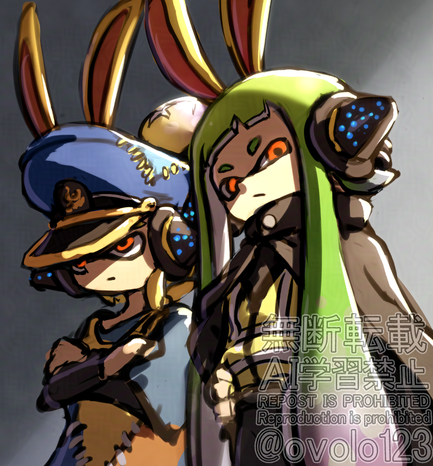 2girls, :/, :|, agent_3_(splatoon), animal_ears, backlighting, behind-the-head_headphones, black_cape
