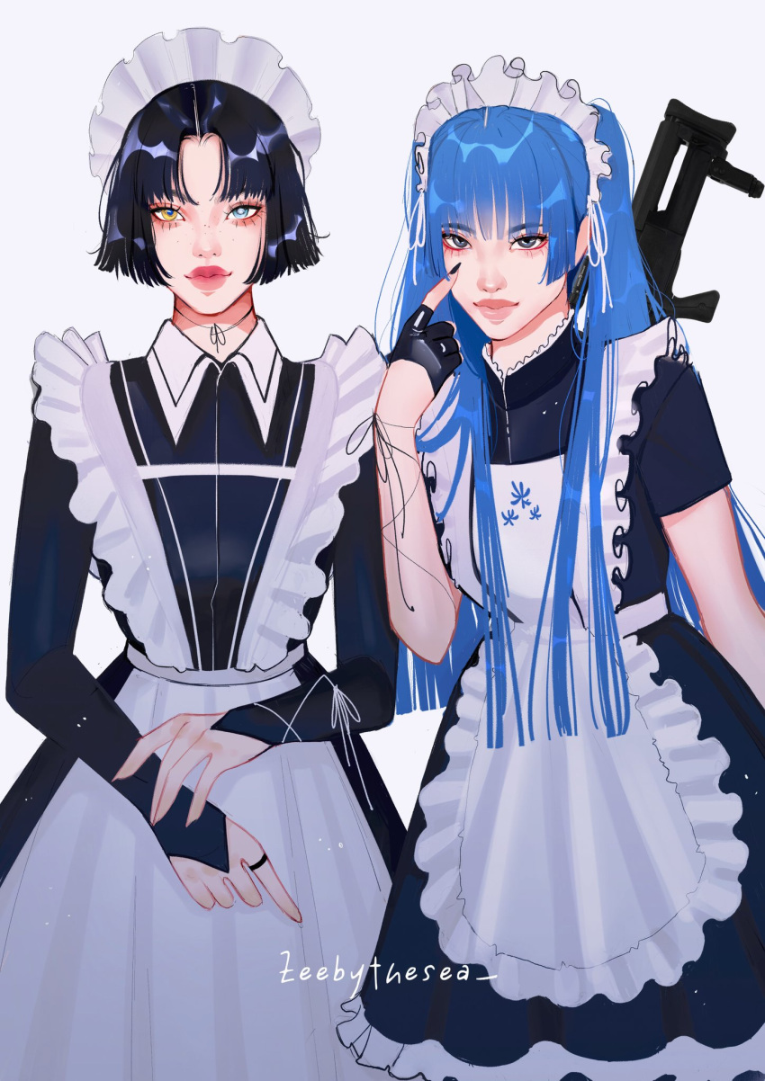 2girls, aegyo_sal, apron, arm_behind_back, asian, black_bridal_gauntlets, black_hair, black_nails