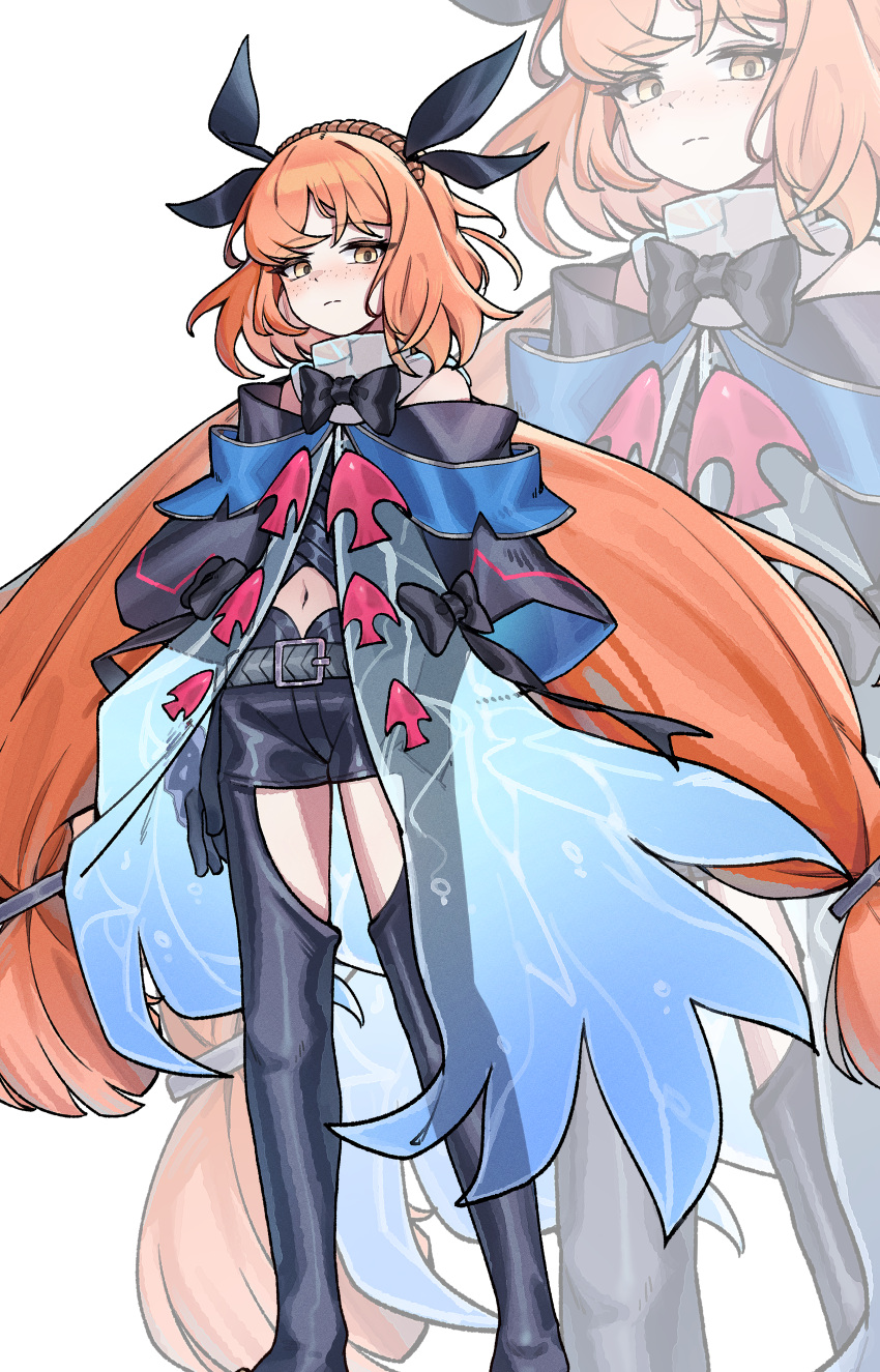 1girl, absurdres, arknights, black_pants, closed_mouth, clothing_cutout, cosplay, freckles