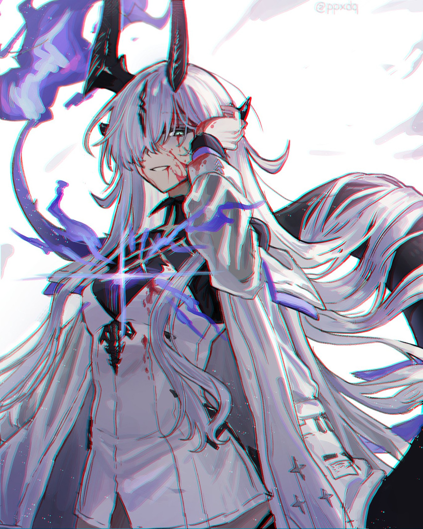 1girl, aqua_eyes, arknights, black_horns, black_tail, blood, blood_on_clothes, blood_on_face, breasts, chromatic_aberration, coat, dragon_girl, dragon_horns, dragon_tail, dress, fire, flame-tipped_tail, grin, hair_between_eyes, hair_over_one_eye, hand_on_own_head, heavy_chromatic_aberration, highres, horns, light_in_heart, light_particles, long_hair, long_sleeves, looking_at_viewer, medium_breasts, multiple_horns, necrass_(arknights), one_eye_covered, open_clothes, open_coat, ppxdq, purple_fire, purple_light, simple_background, smile, solo, tail, very_long_hair, white_background, white_coat, white_dress, white_hair