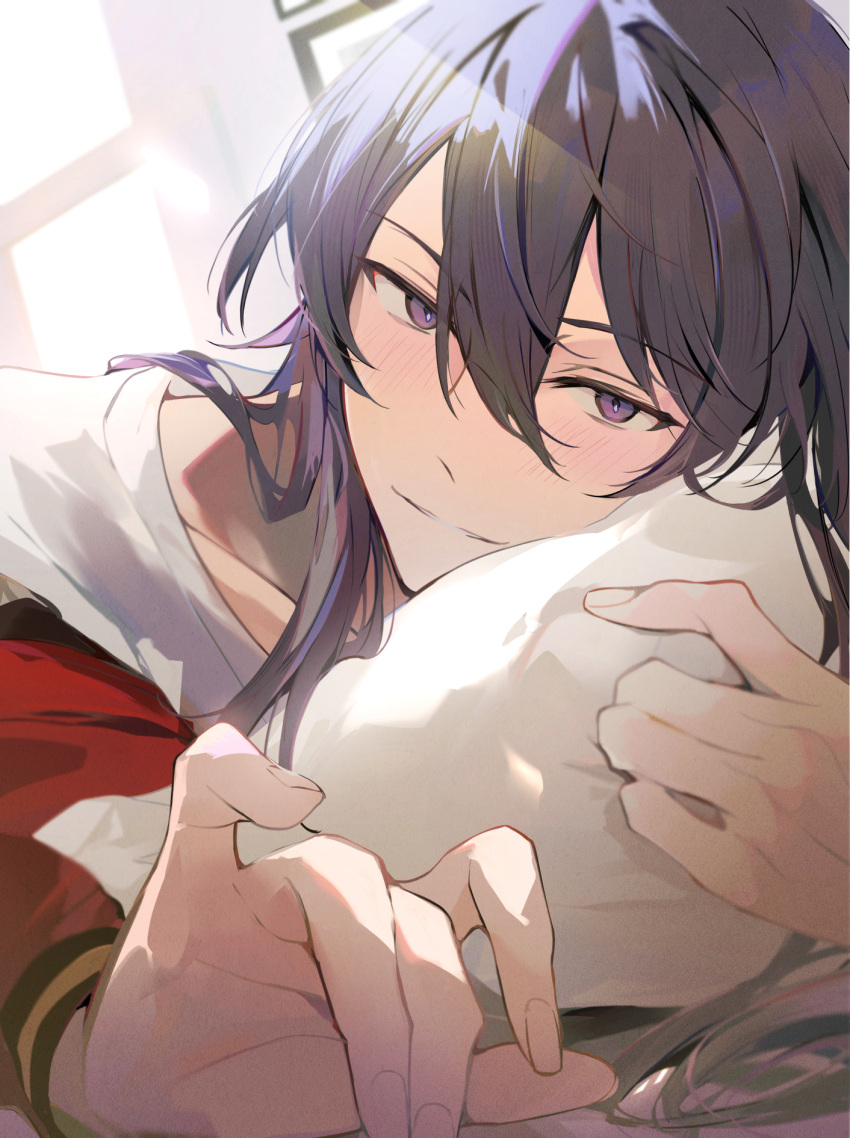 1boy, blush, collarbone, day, ensemble_stars!, foreshortening, hair_between_eyes, hair_down