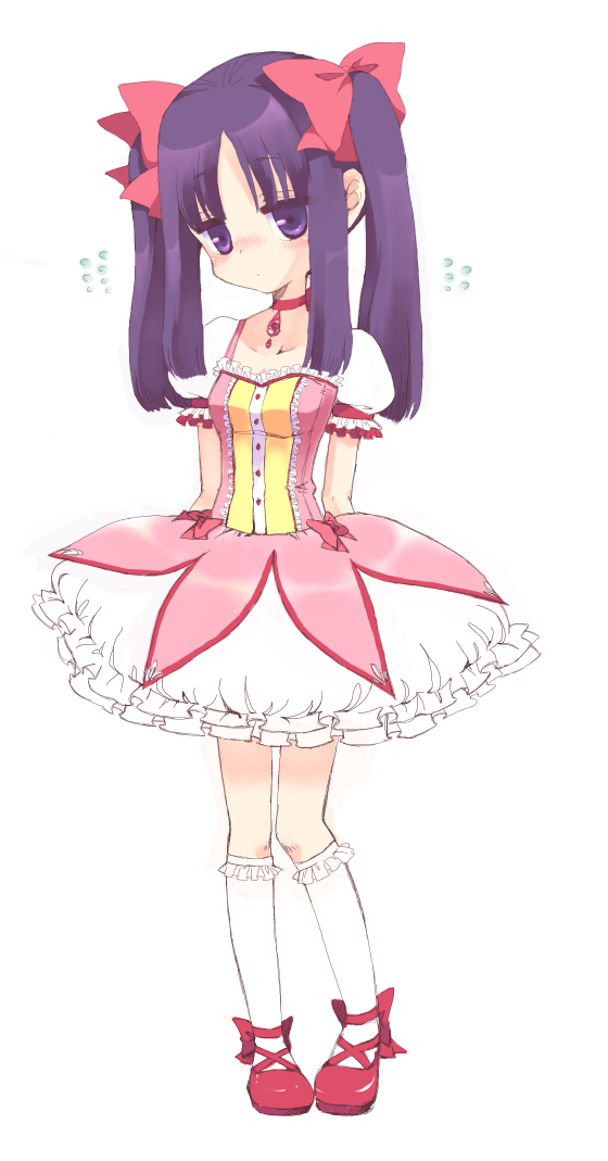 akemi_homura, alternate_hairstyle, blush, bow, choker, cosplay, hair_bow, jewelry, kaname_madoka, kaname_madoka_(cosplay), kneehighs, long_hair, mahou_shoujo_madoka_magica, payot, pendant, puffy_sleeves, purple_eyes, purple_hair, ro_(igris-geo), skirt, solo, twintails, violet_eyes