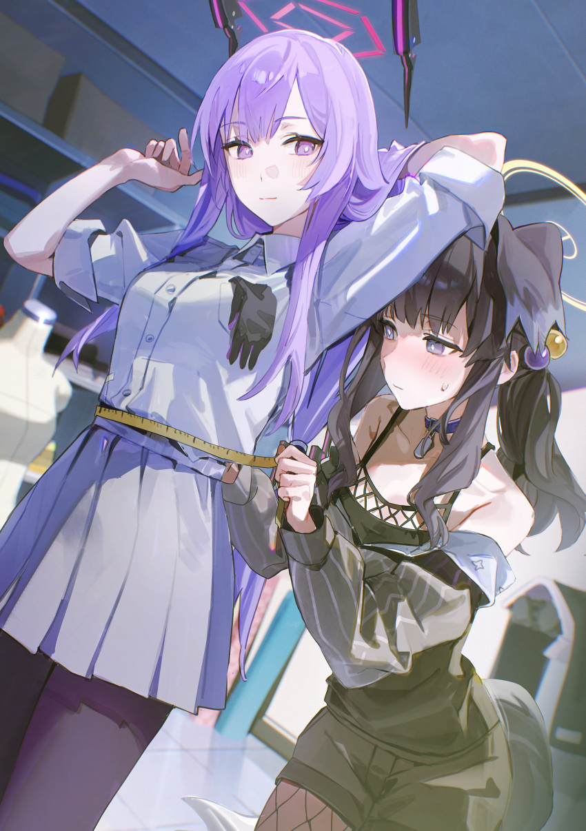2girls, absurdres, animal_ears, arm_behind_head, arms_up, bare_shoulders, beads, black_hair