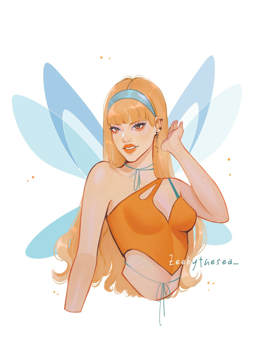 1girl, artist_name, asymmetrical_shirt, blonde_hair, blue_hairband, blue_wings, brown_eyes, choppy_bangs