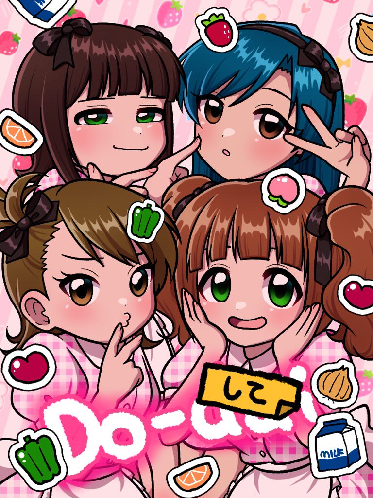 4girls, amami_haruka, apron, bell_pepper, black_bow, black_hairband, blue_hair, bow, brown_eyes, brown_hair, checkered_clothes, checkered_dress, cheek_poking, closed_mouth, do-dai_(idolmaster), dress, food, fruit, futami_ami, green_bell_pepper, green_eyes, hair_bow, hairband, hands_on_own_cheeks, hands_on_own_face, idolmaster, idolmaster_(classic), kisaragi_chihaya, long_hair, looking_at_viewer, milk_carton, multiple_girls, multiple_hair_bows, okazuhamburg, onion, open_mouth, orange_(fruit), orange_slice, poking, puffy_short_sleeves, puffy_sleeves, short_hair, short_sleeves, side_ponytail, smile, sticker, strawberry, takatsuki_yayoi, twintails, v, waist_apron