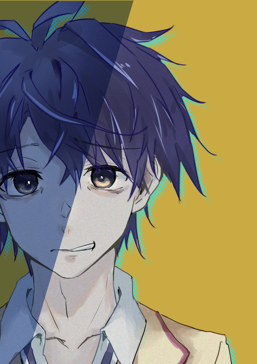 1boy, blue_hair, chaos;head, cheren_r, clenched_teeth, collarbone, collared_shirt, hair_between_eyes