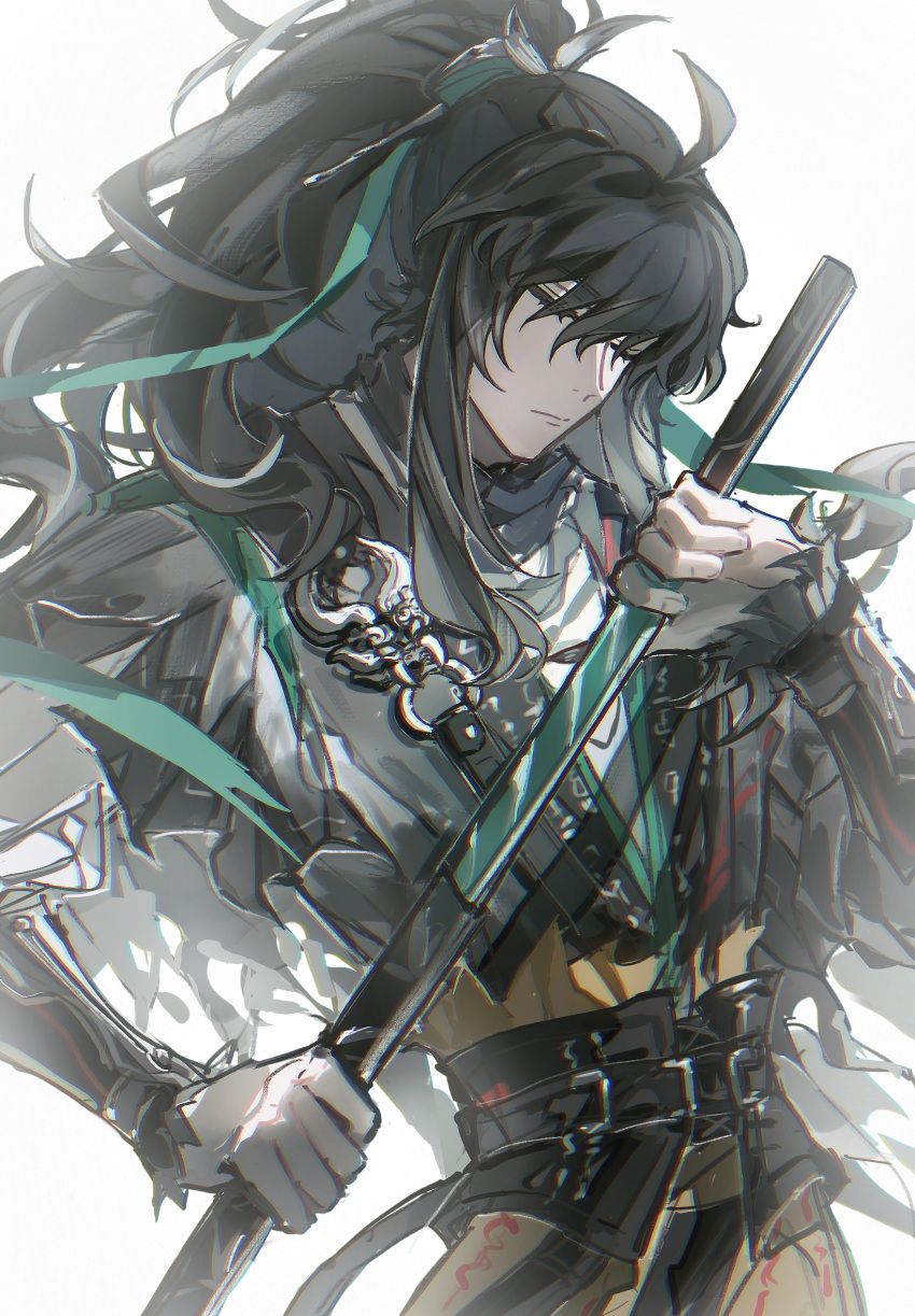1boy, arm_armor, black_hair, chinese_clothes, chinese_commentary, chromatic_aberration, closed_eyes, closed_mouth, commentary_request, drawing_sword, green_ribbon, hair_ribbon, highres, holding, holding_sword, holding_weapon, long_hair, male_focus, ponytail, qiuyuan_(wuthering_waves), ribbon, scabbard, sheath, shirt, shuiyuan, solo, sword, unsheathing, weapon, white_shirt, wuthering_waves