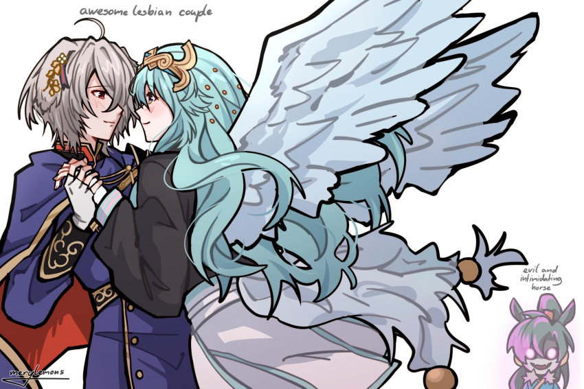 androgynous, animal_ears, blue_hair, blush, couple, crossdressing, crossdressing_(ftm), crown, dark_persona, dog_ears, dog_girl, eye_contact, face-to-face, feathered_wings, fire_emblem, fire_emblem_shadows, green_hair, highres, horse_ears, imminent_kiss, kurt_(fire_emblem), long_hair, looking_at_another, lyn_(fire_emblem), lyn_(plains_wind)_(fire_emblem), merylemons, multiple_girls, red_eyes, reverse_trap, rose_(fire_emblem), short_hair, white_wings, wings, yuri