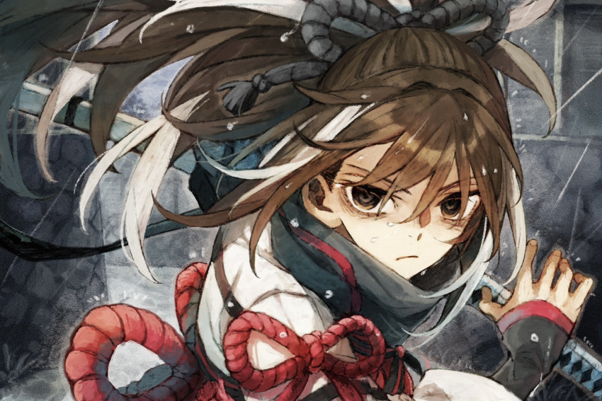 1girl, black_eyes, black_scarf, brown_eyes, brown_hair, fate/grand_order, fate_(series), haori
