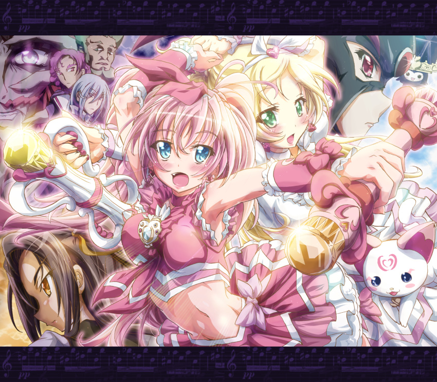 bassdrum, blonde_hair, blush, bow, cure_melody, cure_muse, cure_muse_(black), cure_rhythm