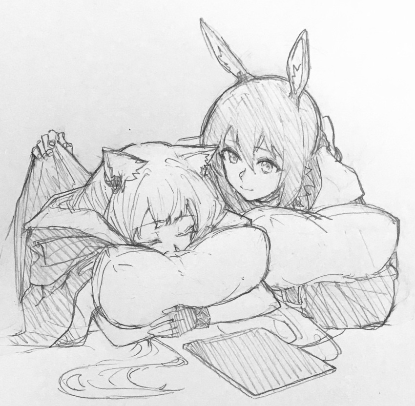 2girls, amiya_(arknights), animal_ears, arknights, cat_ears, character_request, check_character, closed_eyes
