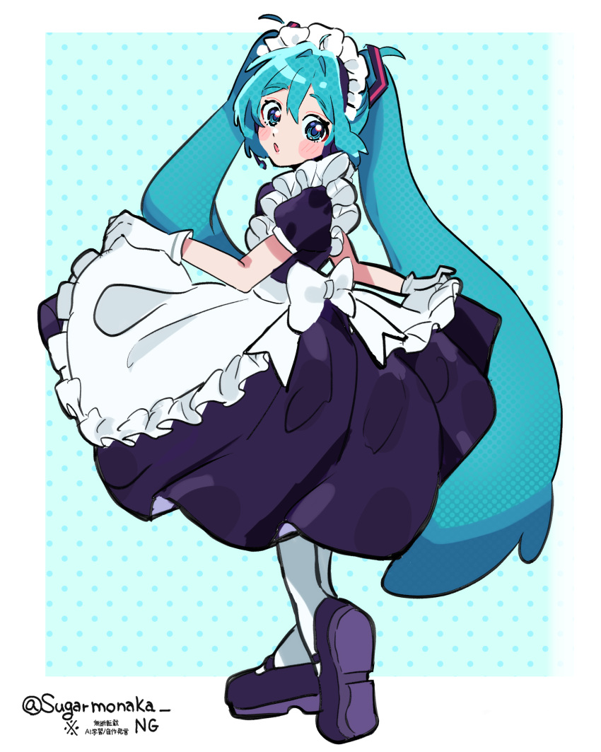 1girl, :o, absurdres, alternate_costume, apron, black_dress, black_shoes, blue_background