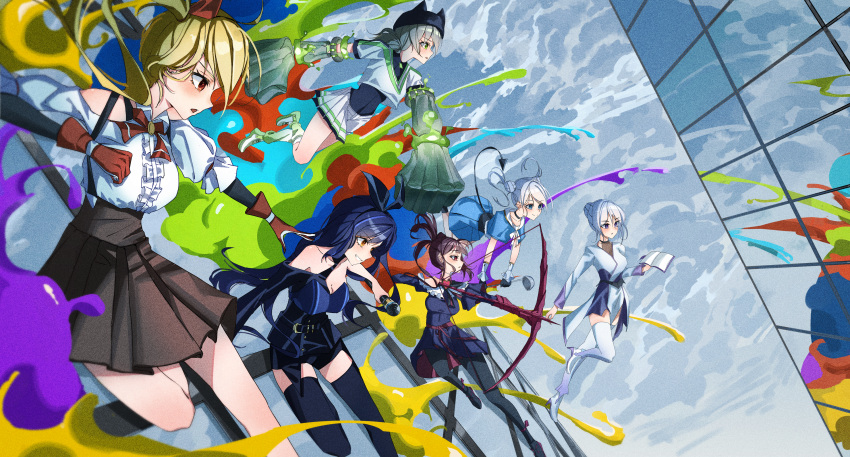 6+girls, absurdres, arrow_(projectile), black_hair, black_thighhighs, blonde_hair, blue_eyes, book
